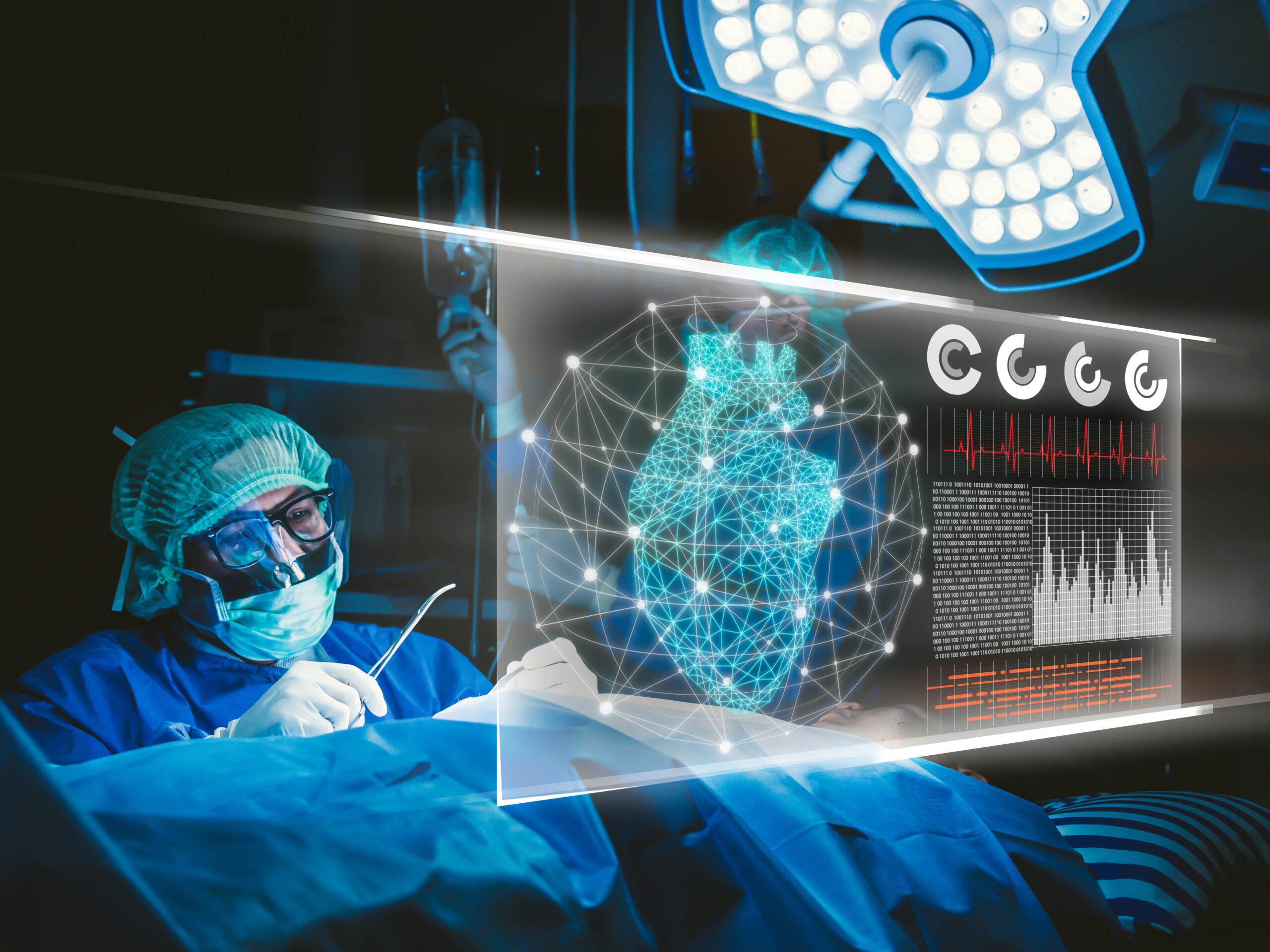 A composite image of a surgeon, computer graphics and an operating theatre.